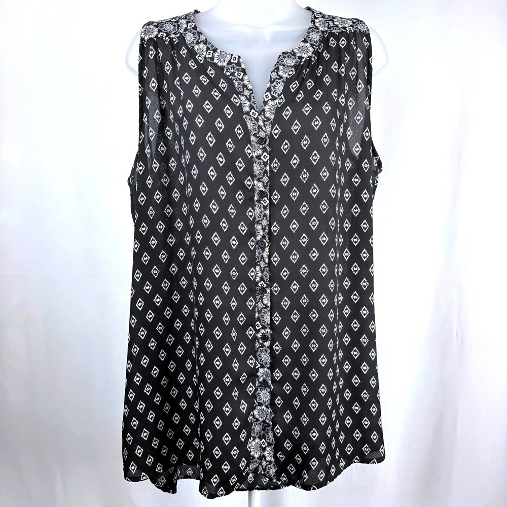 Pleione Womens L Black White Floral Geometric Sleeveless Button Front Tunic Top